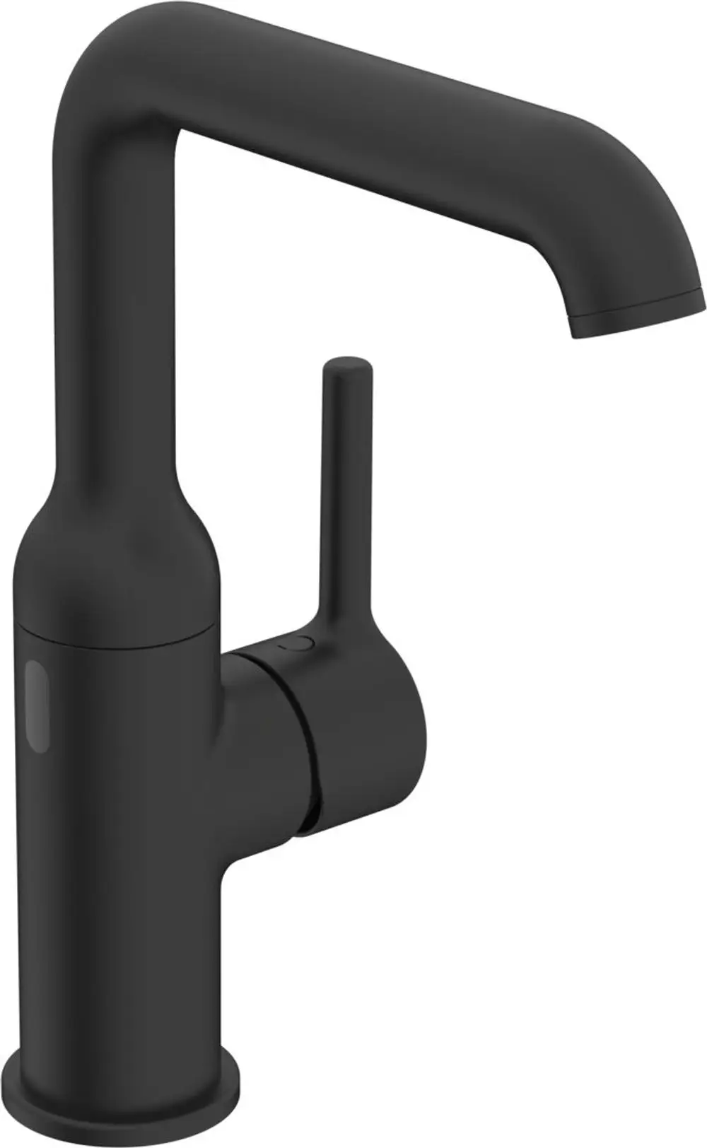 Schwarze Waschtischarmatur von HANSA mit einem schlichten Design. Der Wasserhahn ist mit einem Hebel zur Temperatur- und Durchflussregelung ausgestattet.